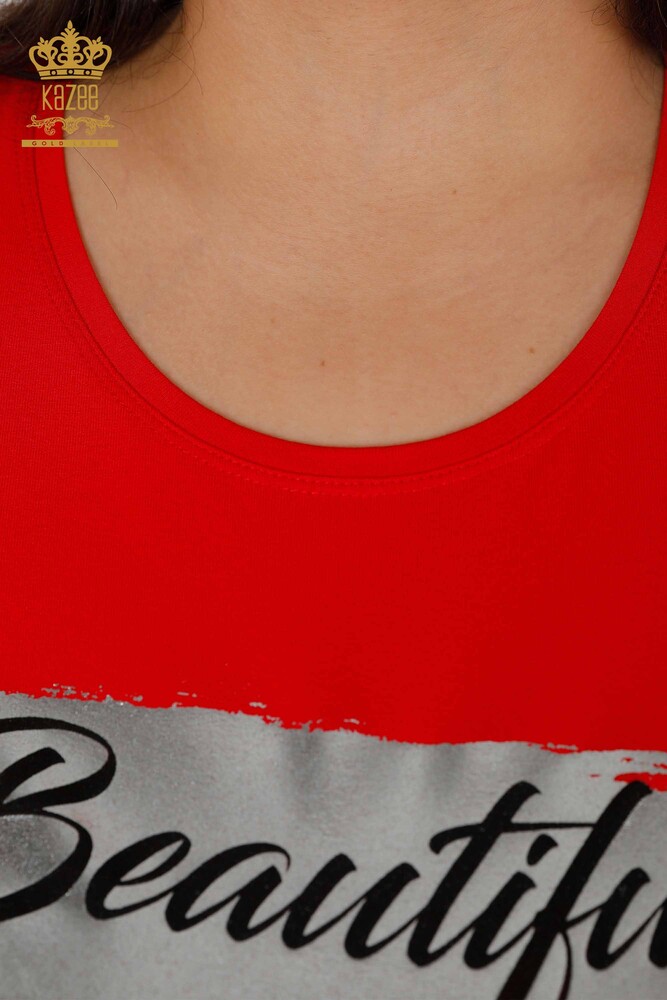 Женская блузка с леопардовой вышивкой и круглым вырезом оптом - 79012 | КАZЕЕ - 24