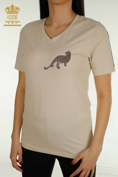 Женская блузка оптом с леопардовой вышивкой светло-бежевого цвета - 79484 | КАZEE - Thumbnail