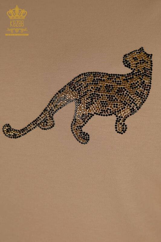 Женская блузка оптом с леопардовой вышивкой темно-бежевого цвета - 79484 | КАZEE