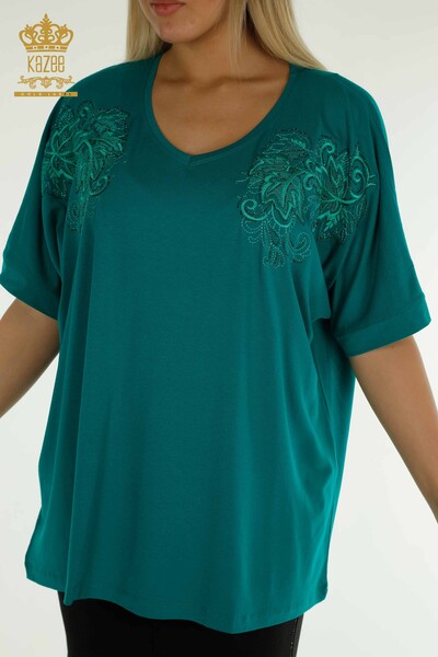 Женская блузка с рисунком листьев зеленого цвета оптом - 79090 | КАZEE - Thumbnail