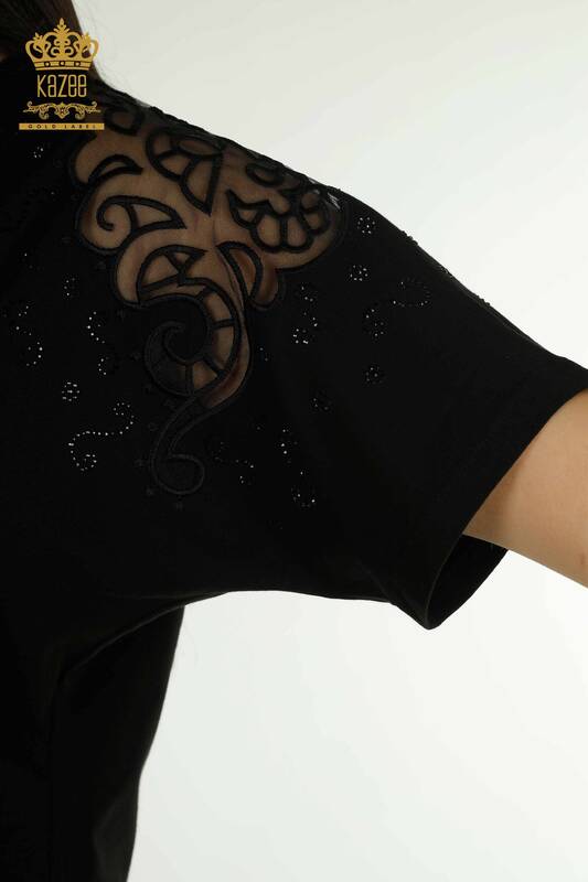 Женская блузка оптом из тюля на плечах, черная - 79456 | КАZEE