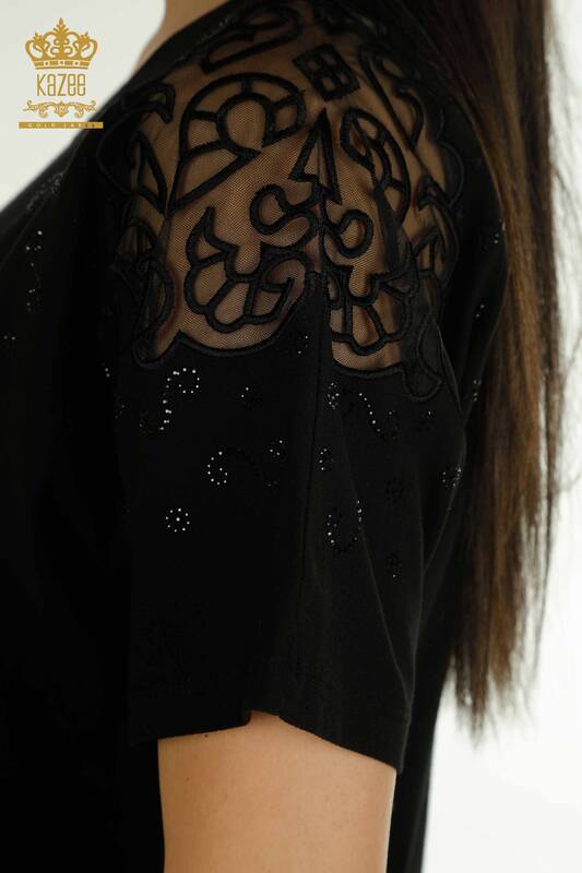 Женская блузка оптом из тюля на плечах, черная - 79456 | КАZEE