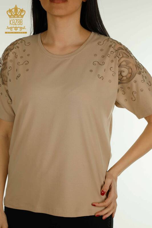 Женская блузка оптом из тюля на плечах, бежевого цвета - 79456 | КАZEE