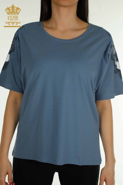 Оптовая женская блузка из тюля на плечах с деталями цвета индиго - 79553 | КАZEE - Thumbnail