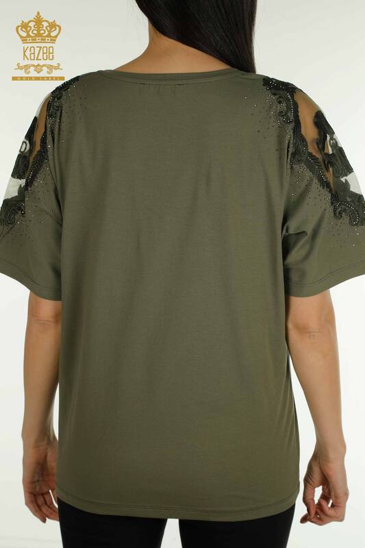 Женская блузка оптом из тюля на плечо цвета хаки - 79553 | КАZEE