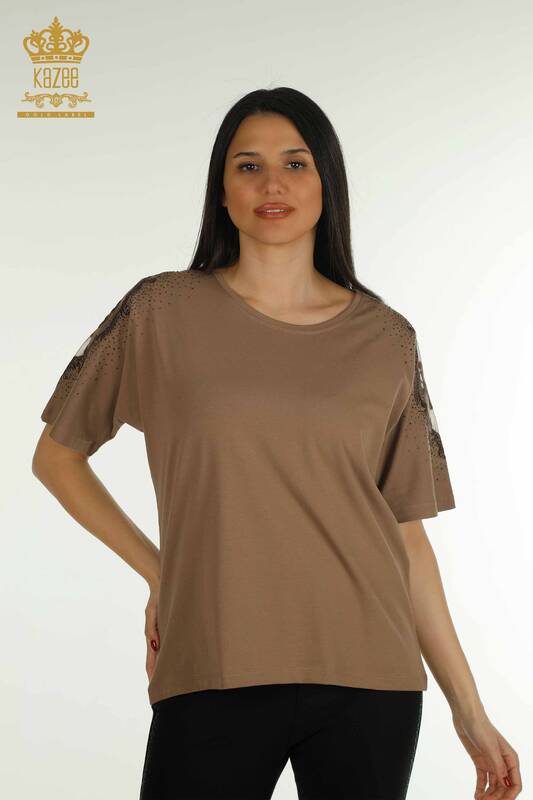 Женская блузка оптом из тюля на плечах, коричневая - 79553 | КАZEE