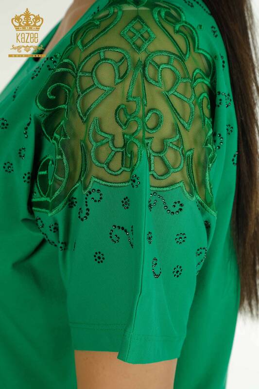 Женская блузка оптом из тюля на плечах, зеленая - 79456 | КАZEE