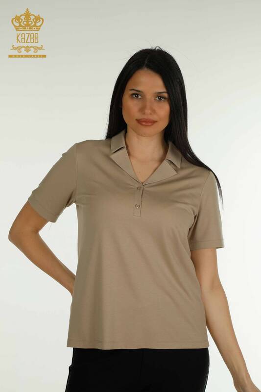 Женская блузка с воротником-поло оптом, бежевая - 79503 | КАZEE