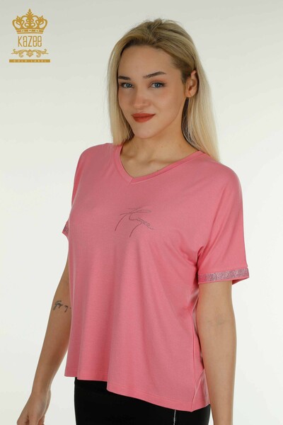 Kazee - Женская блузка на пуговицах розового цвета оптом - 79297 | КАZEE