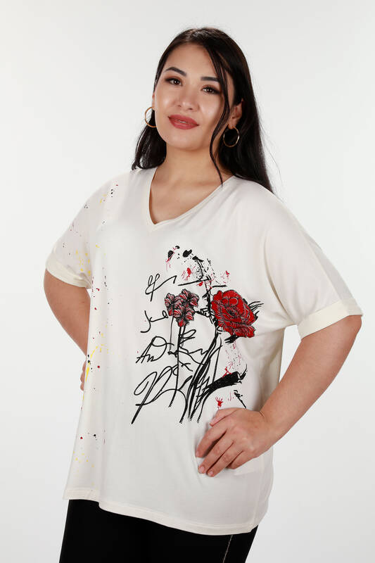 Женская блузка оптом с розовым узором и текстовым подробным камнем - 78880 | КАZЕЕ