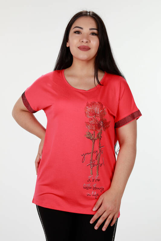 оптовая женская блузка с розовым узором и буквами с подробным камнем - 78917 | КАZЕЕ
