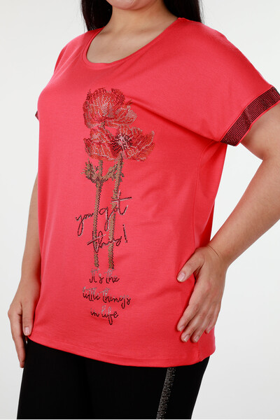 оптовая женская блузка с розовым узором и буквами с подробным камнем - 78917 | КАZЕЕ - Thumbnail
