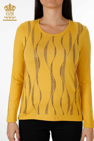 оптом Женская блузка с рукавом Подробная линия с вышивкой камнем - 79024 | КАZЕЕ - Thumbnail