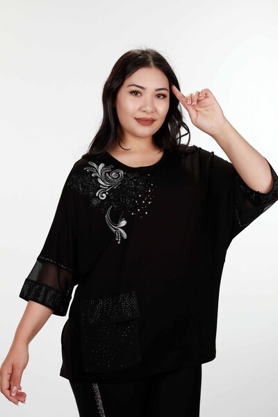Kazee - оптовая продажа Женская блузка с рукавами из тюля Подробный карманный камень с вышивкой - 78859 | КАZЕЕ