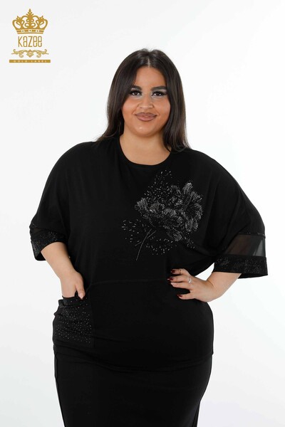 оптом женская блузка с рукавами из тюля с подробным карманом с цветочным узором - 79026 | КАZЕЕ - Thumbnail