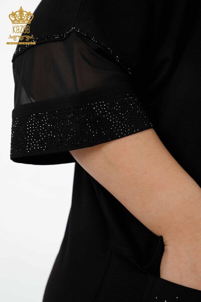 оптом женская блузка с рукавами из тюля с подробным карманом с цветочным узором - 79026 | КАZЕЕ - Thumbnail