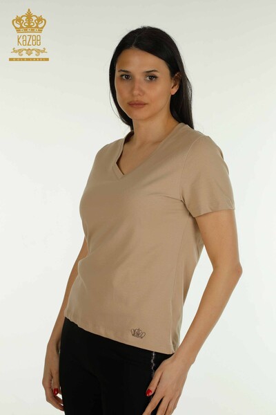 Kazee - Женская блузка с коротким рукавом оптом, бежевая - 79561 | КАZEE
