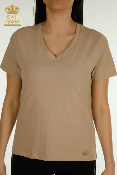 Женская блузка с коротким рукавом оптом, бежевая - 79561 | КАZEE - Thumbnail