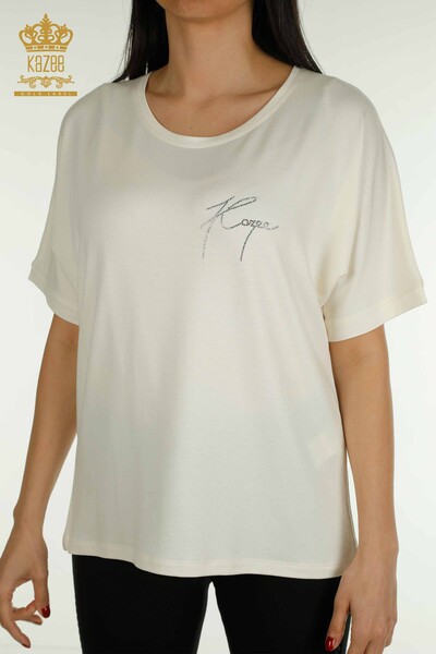 Женская блузка с коротким рукавом экрю оптом - 79317 | КАZEE - Thumbnail