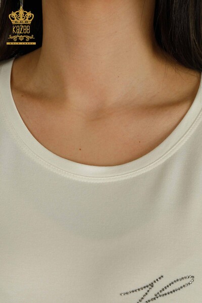 Женская блузка с коротким рукавом экрю оптом - 79317 | КАZEE - Thumbnail