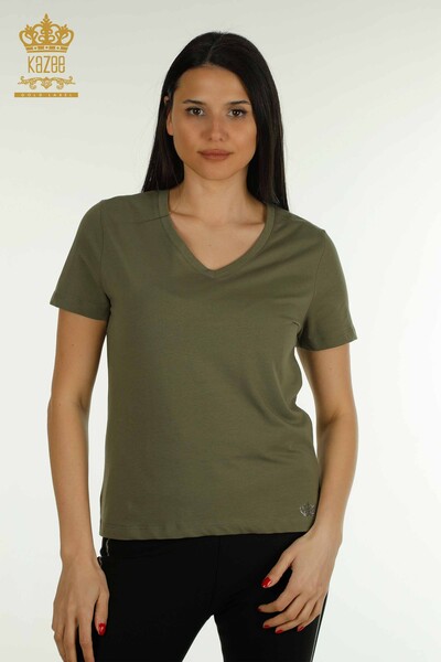 Женская блузка с коротким рукавом цвета хаки оптом - 79561 | КАZEE - Thumbnail