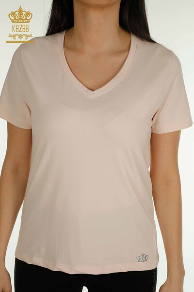 Женская блузка с коротким рукавом оптом, светлая пудра - 79561 | КАZEE - Thumbnail