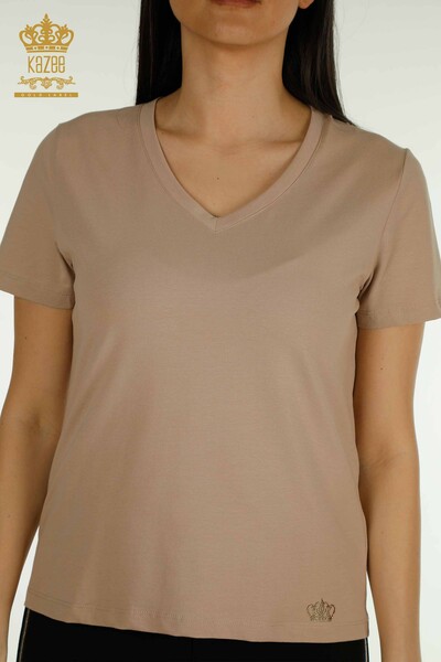 Женская блузка с коротким рукавом оптом, темно-бежевая - 79561 | КАZEE - Thumbnail