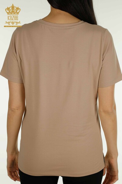 Женская блузка с коротким рукавом оптом, темно-бежевая - 79563 | КАZEE - Thumbnail