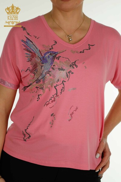 Kazee - Женская блузка с узором птицы розовая оптом - 79296 | КАZEE (1)