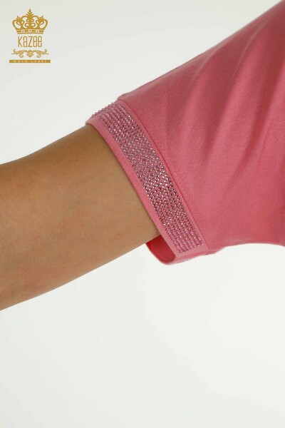 Женская блузка с узором птицы розовая оптом - 79296 | КАZEE - Thumbnail