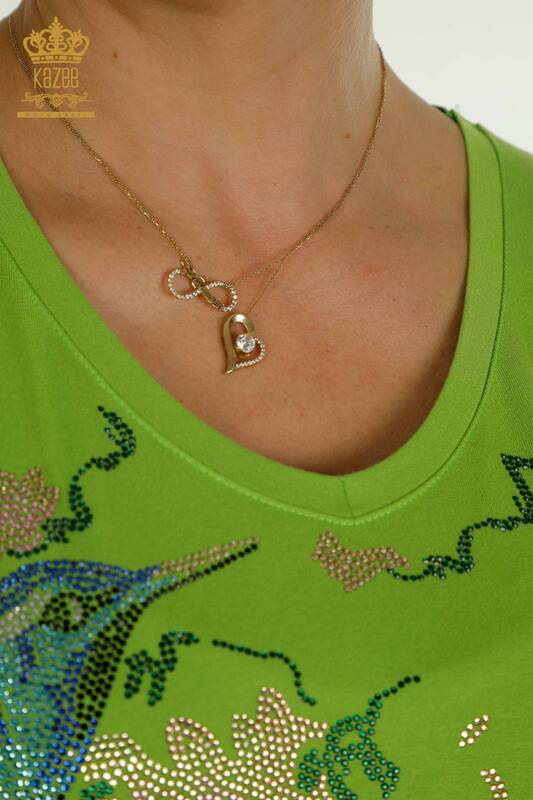 Женская блузка с рисунком птицы оптом, зеленая - 79296 | КАZEE