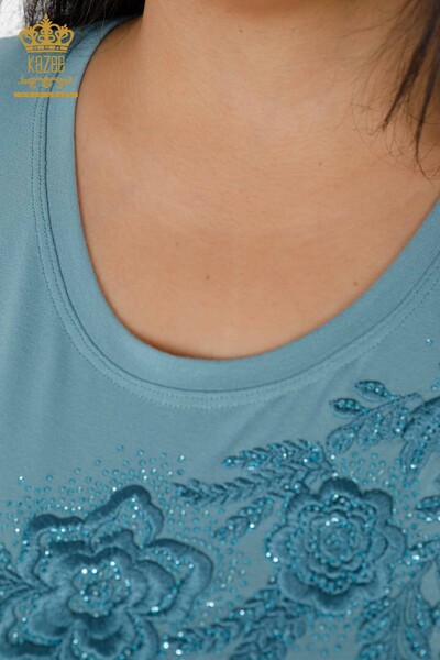 оптом женская блузка с розовым узором и круглым вырезом, вышитая камнем - 79004 | КАZЕЕ - Thumbnail