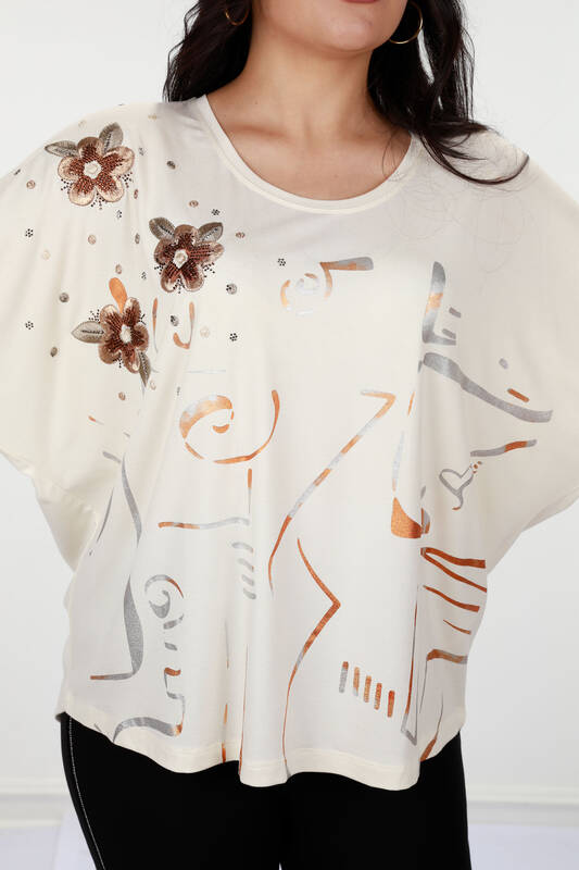 оптом Женская блузка с цветочным принтом и круглым вырезом - 78888 | КАZЕЕ