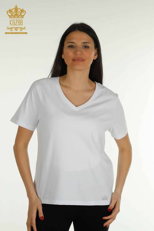 Женская блузка с V-образным вырезом оптом, белая - 79564 | КАZEE