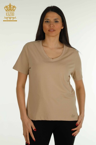 Kazee - Женская блузка с V-образным вырезом оптом, бежевая - 79564 | КАZEE