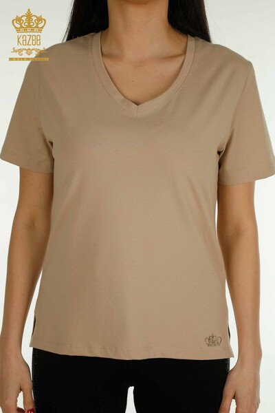 Женская блузка с V-образным вырезом оптом, бежевая - 79564 | КАZEE - Thumbnail