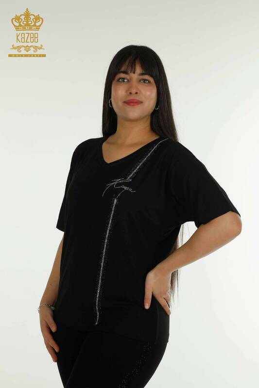 Женская блузка с V-образным вырезом оптом, черная - 79238 | КАZEE