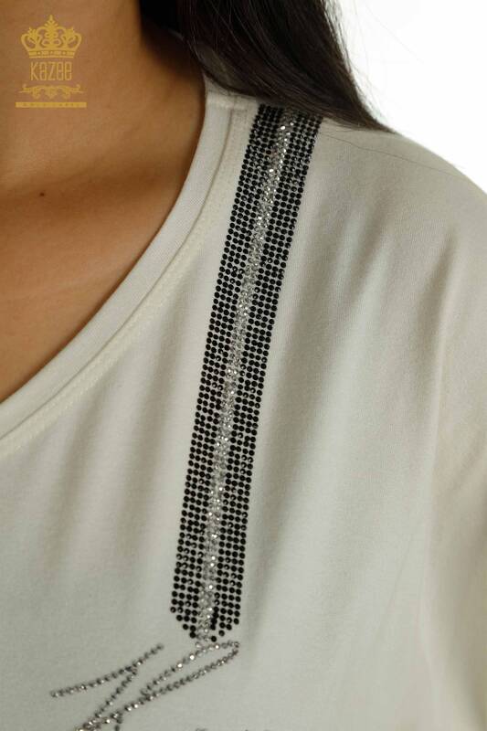 Женская блузка с V-образным вырезом экрю оптом - 79238 | КАZEE
