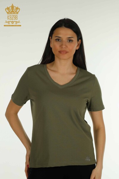 Kazee - Женская блузка с V-образным вырезом цвета хаки оптом - 79564 | КАZEE