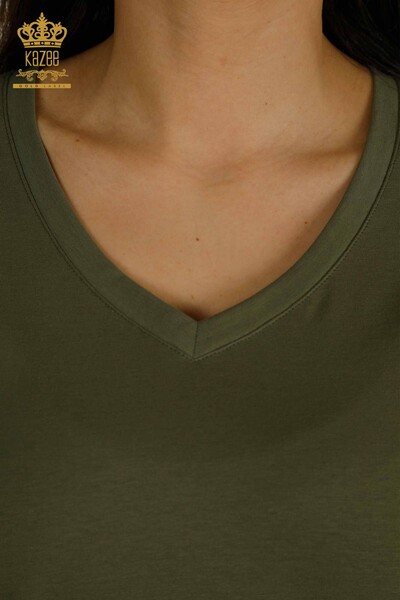 Женская блузка с V-образным вырезом цвета хаки оптом - 79564 | КАZEE - Thumbnail (2)