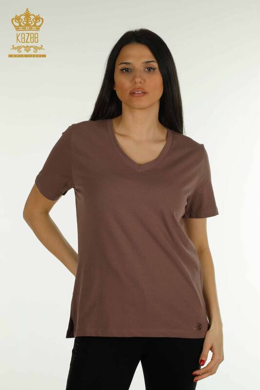 Женская блузка с V-образным вырезом коричневого цвета оптом - 79564 | КАZEE