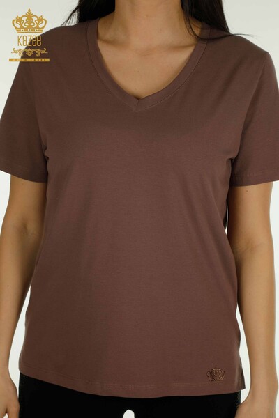 Женская блузка с V-образным вырезом коричневого цвета оптом - 79564 | КАZEE - Thumbnail