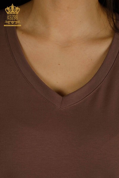 Женская блузка с V-образным вырезом коричневого цвета оптом - 79564 | КАZEE - Thumbnail (2)