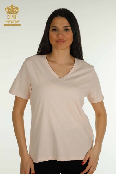 Kazee - Женская блузка с V-образным вырезом оптом, легкая пудра - 79564 | КАZEE