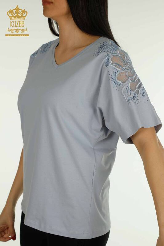 Женская блузка с V-образным вырезом оптом, синяя - 79550 | КАZEE