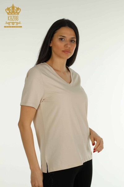 Kazee - Женская блузка с V-образным вырезом оптом, светло-бежевая - 79564 | КАZEE