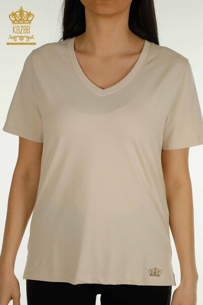 Kazee - Женская блузка с V-образным вырезом оптом, светло-бежевая - 79564 | КАZEE (1)