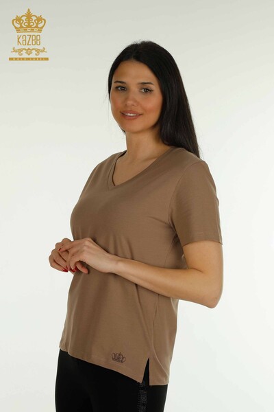 Kazee - Женская блузка с v-образным вырезом светло-коричневого цвета оптом - 79564 | КАZEE