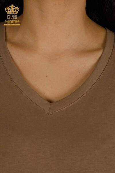 Женская блузка с v-образным вырезом светло-коричневого цвета оптом - 79564 | КАZEE - Thumbnail (2)