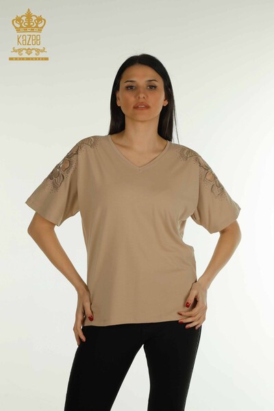 Женская блузка с V-образным вырезом оптом, темно-бежевая - 79550 | КАZEE - Thumbnail